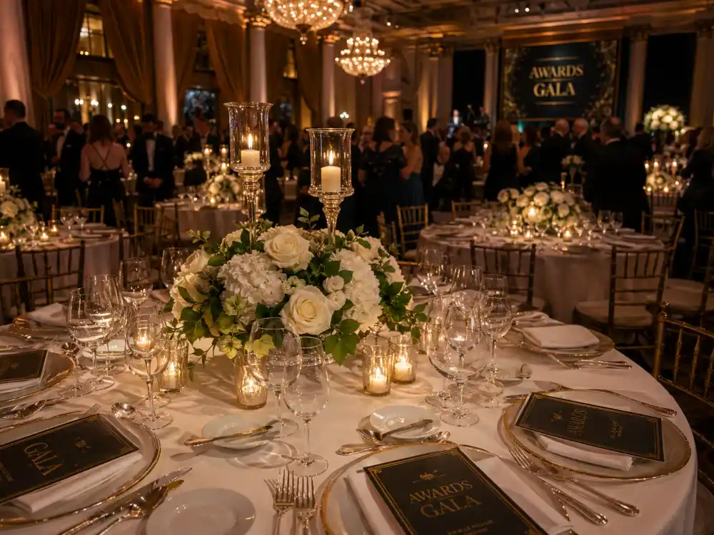 A formal black-tie gala dinner with white roses and candles