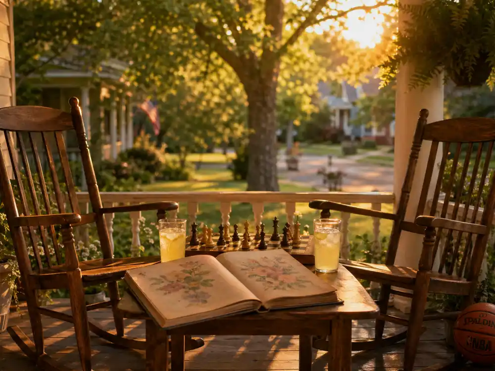 A sunlit suburban porch with rocking chairs and a chess game