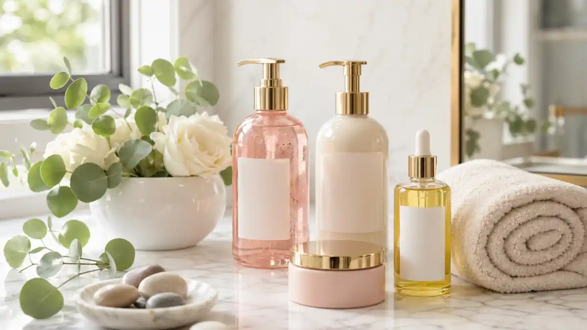 A clean marble countertop styled with luxury wellness products in pink and cream packaging — the aesthetic of Ashley Tisdale's Being Frenshe, the wellness brand that has reportedly hit a $250 million valuation