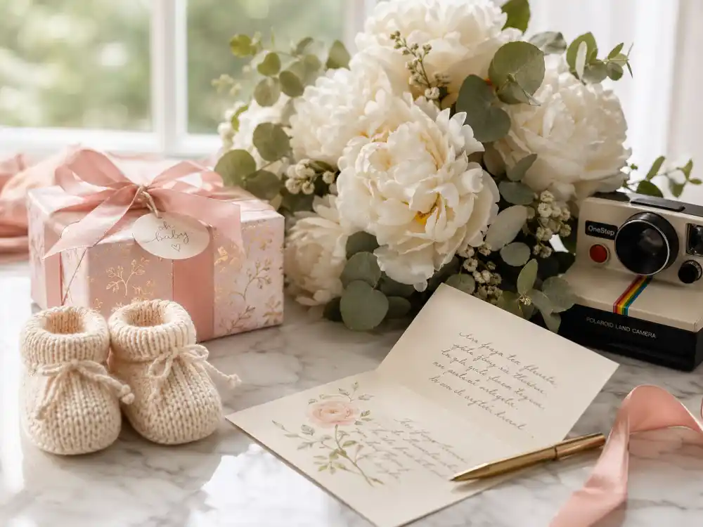 A celebratory still life with white peonies, knitted baby booties, a pink gift box and a handwritten card