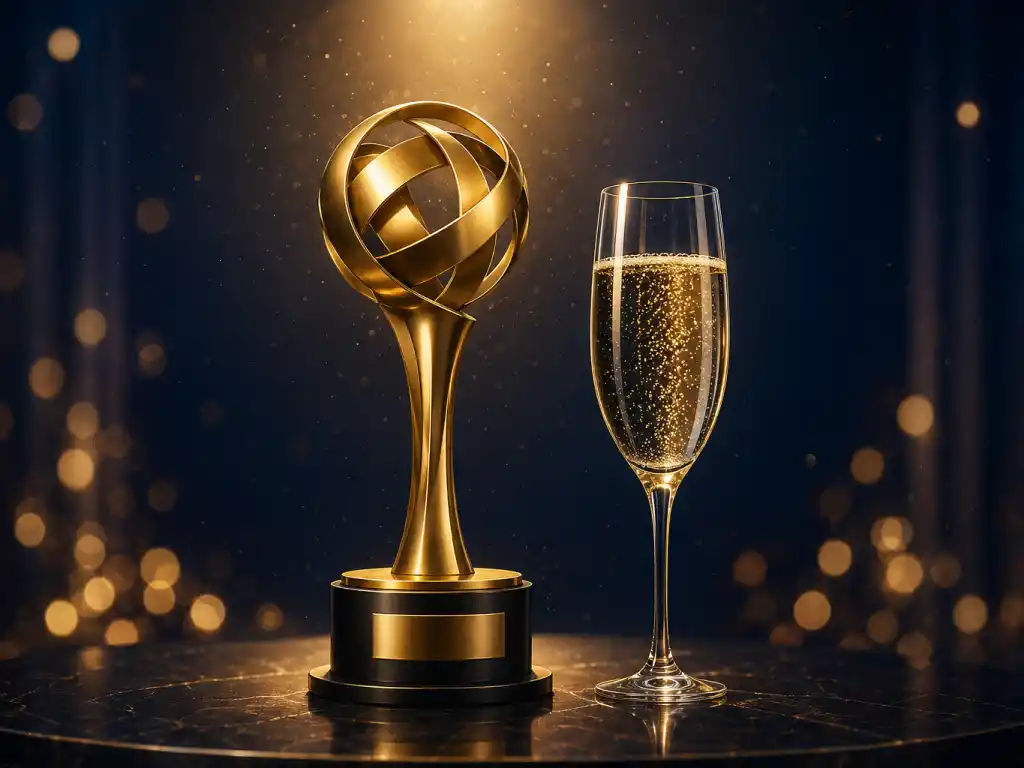 Editorial illustration of a stylised golden globe-shaped trophy next to a champagne flute, representing the Golden Globes ceremony