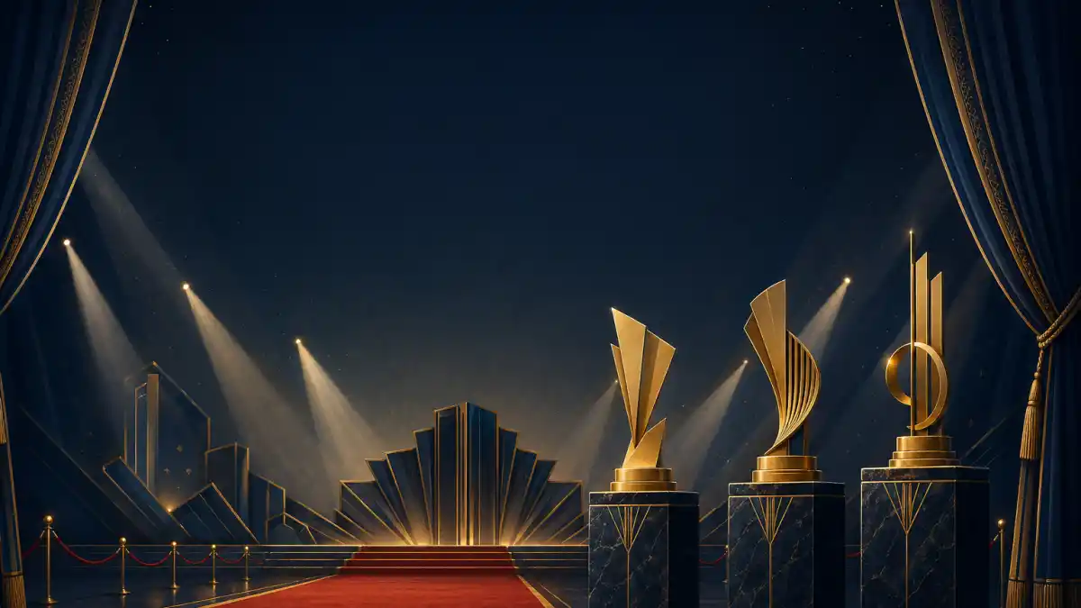 Stylised cinematic illustration of a red carpet leading to a stage flanked by three art-deco golden trophy statuettes on marble pedestals — a visual metaphor for Hollywood awards season