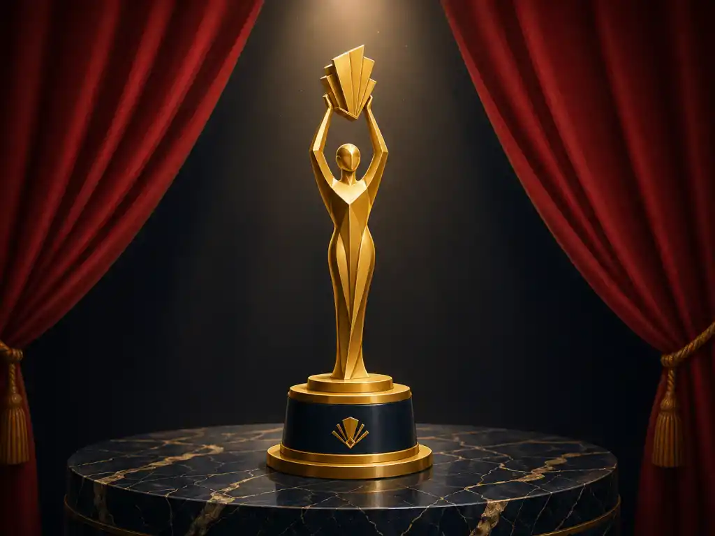 Editorial illustration of a stylised art-deco golden trophy statuette on a polished marble podium between parted red theatre curtains, representing the Oscars