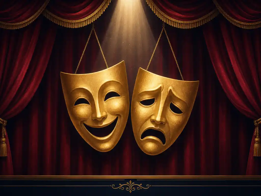 Editorial illustration of golden comedy and tragedy theatre masks hanging against red velvet stage curtains, representing the actors' guild awards