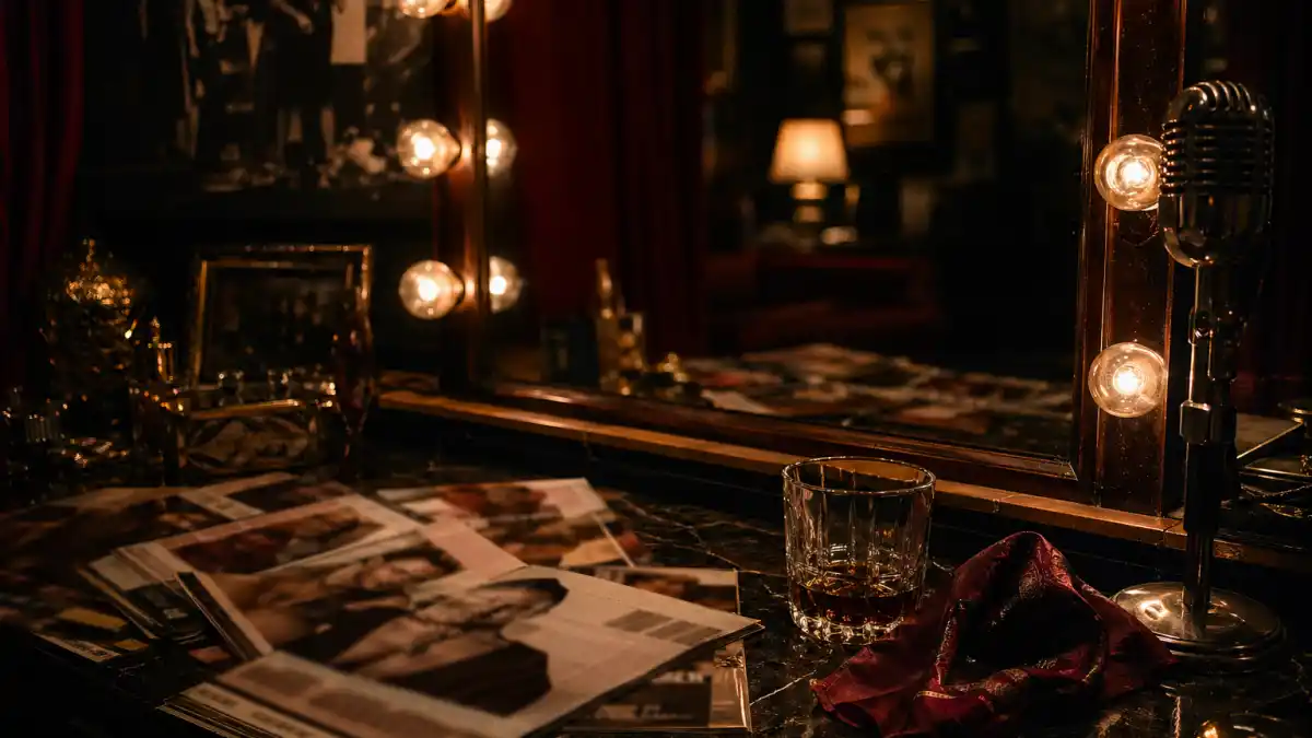 A moody backstage dressing room with a vintage star vanity mirror, scattered tabloid magazines and a single whiskey glass — the kind of private moment Barry Keoghan addressed when he broke his silence on the rumours