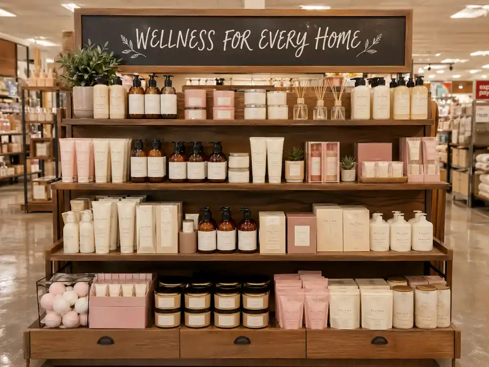 A modern mass-retail store shelf with wellness body care products in cream and pink packaging