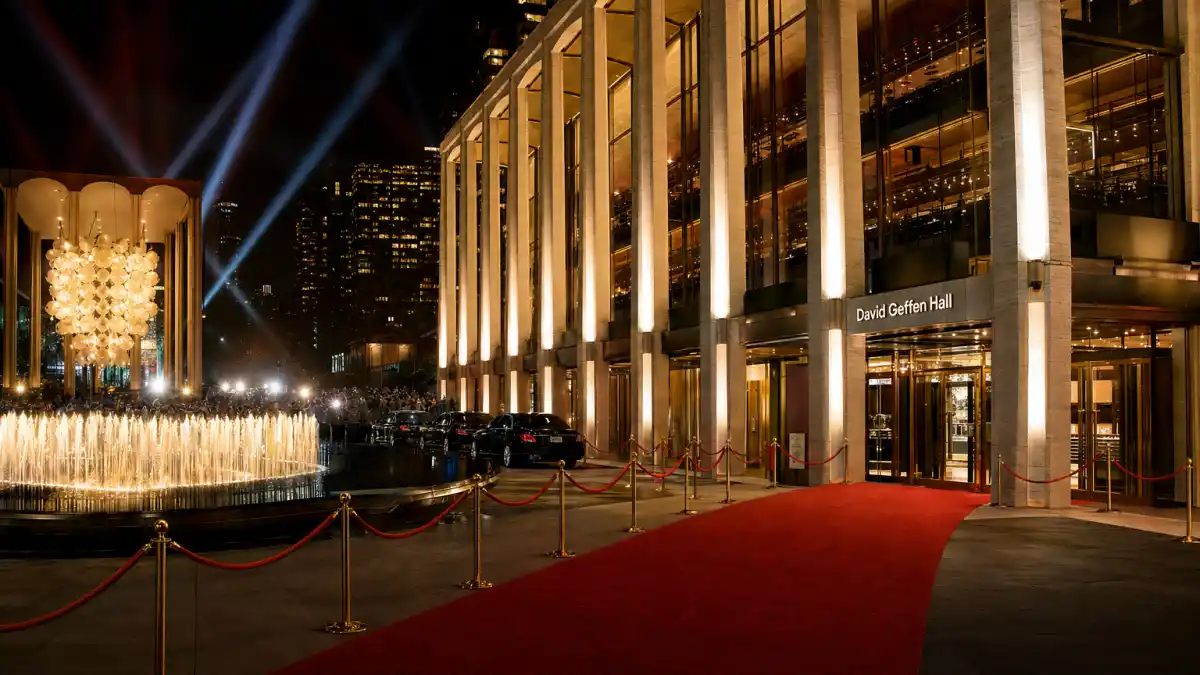 Lincoln Center David Geffen Hall lit up at night with a long red carpet outside — the venue of the 51st Chaplin Award Gala honouring George Clooney