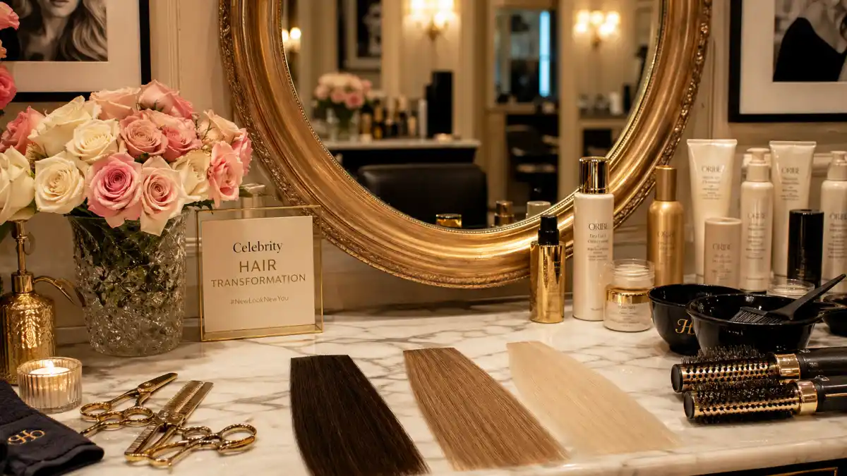 A glamorous Hollywood salon vanity with a gold-framed mirror and three hair colour swatches showing dark brunette to dirty blonde to platinum — the kind of subtle transformation Dakota Johnson debuted at the TIME100 Gala