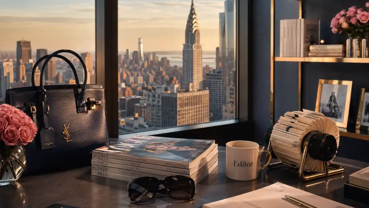 A New York City fashion magazine editor desk overlooking the Manhattan skyline at golden hour, evoking the world of The Devil Wears Prada 2