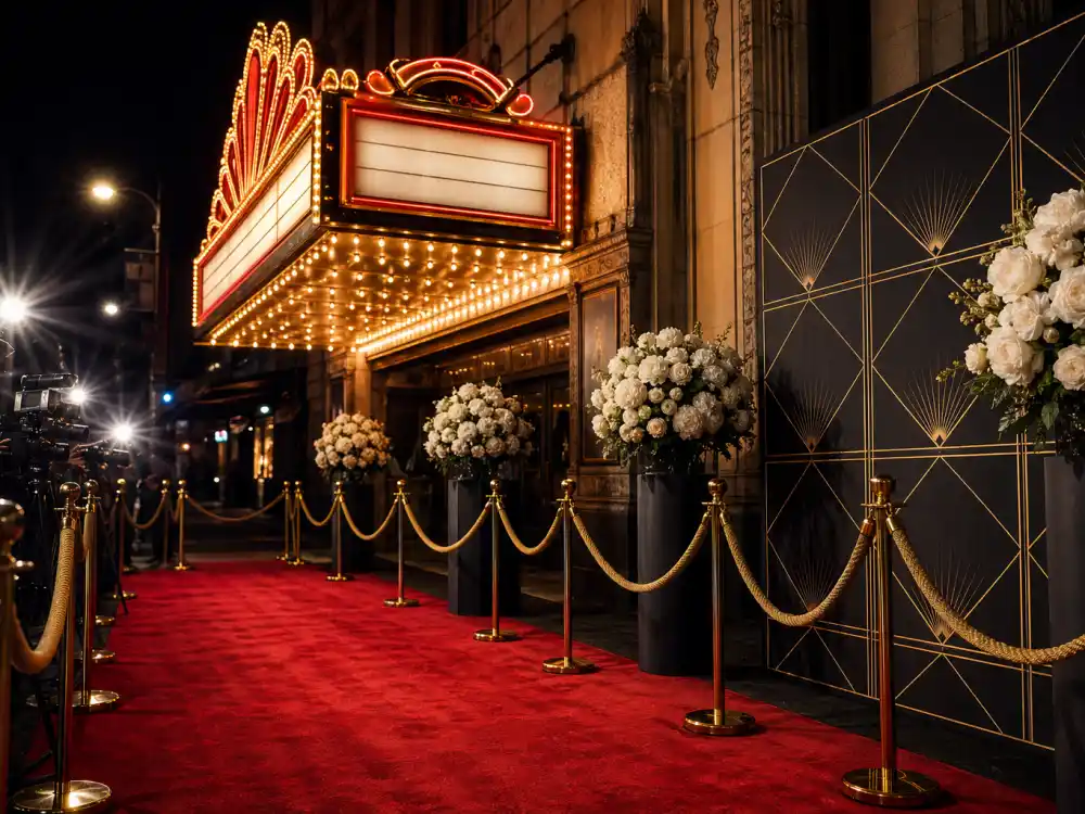 A glittering red carpet premiere setup with vintage marquee lights and white floral arrangements