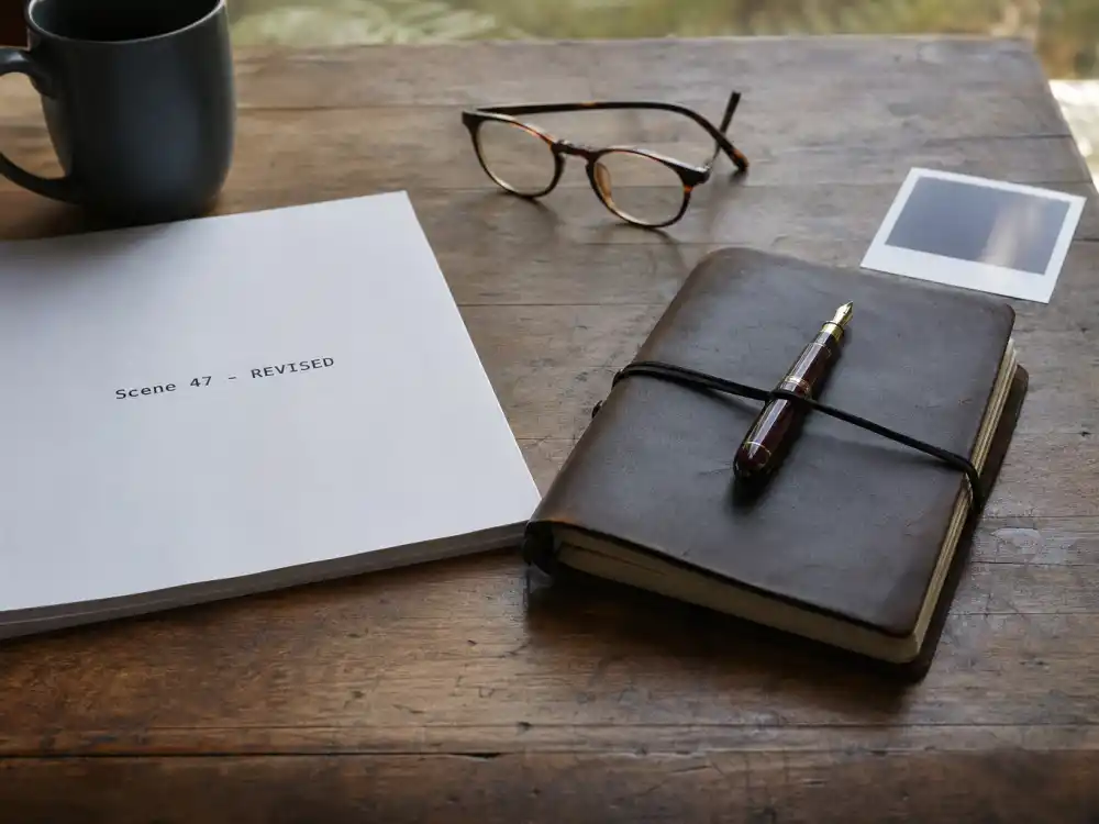 A film script labeled Scene 47 — REVISED on a wooden desk next to a leather notebook