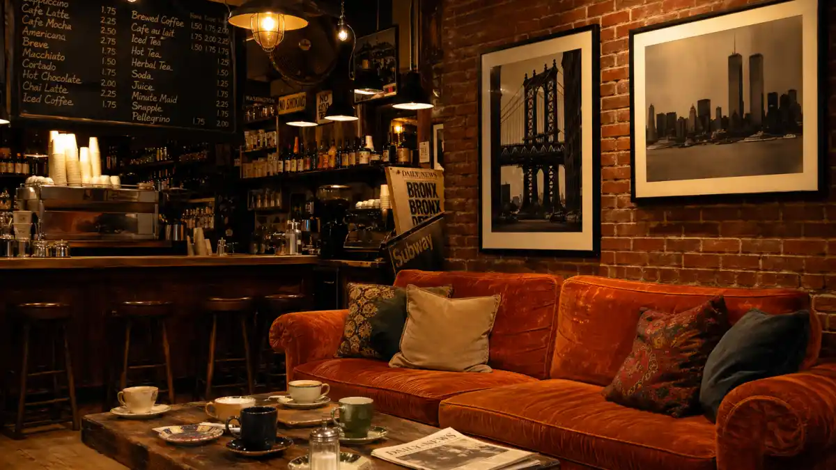 A nostalgic 1990s-style Manhattan coffee shop interior with a worn orange velvet couch and brick wall — the iconic Central Perk-style setting that made Friends a generational hit