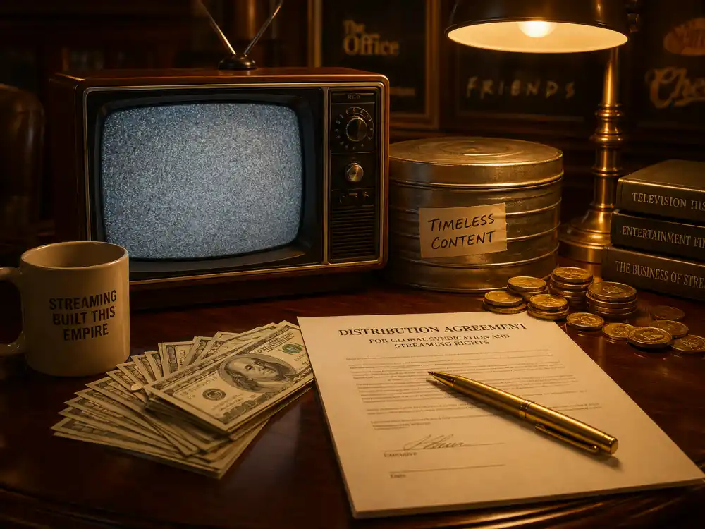 A vintage TV set with a streaming distribution contract and dollar bills