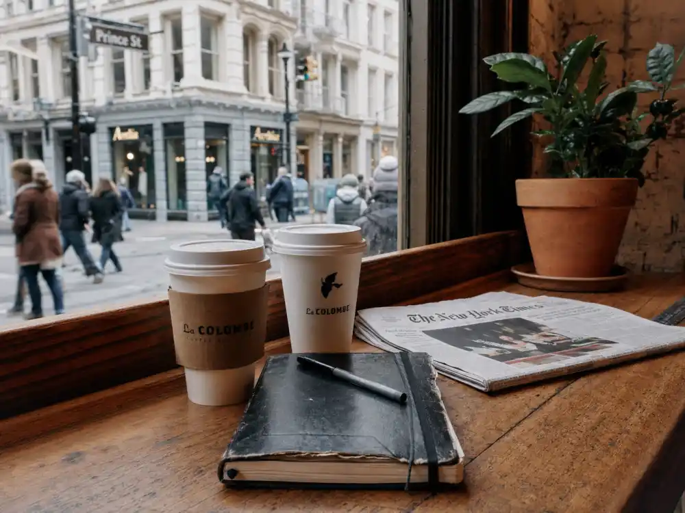 Two takeaway coffee cups on a Manhattan SoHo coffee shop window bar with the street outside