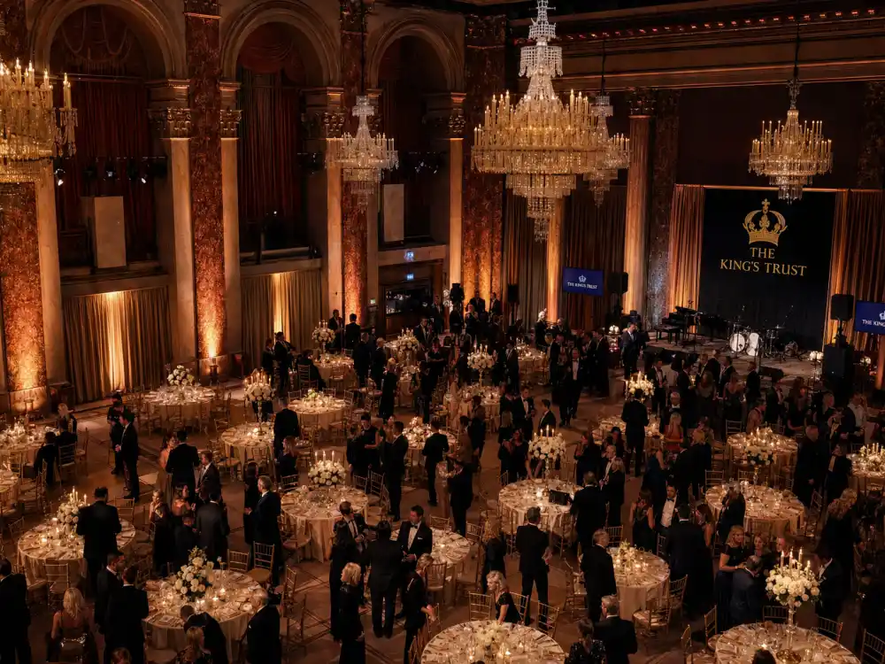 Cipriani New York ballroom interior with chandeliers and round dinner tables for the King's Trust Gala
