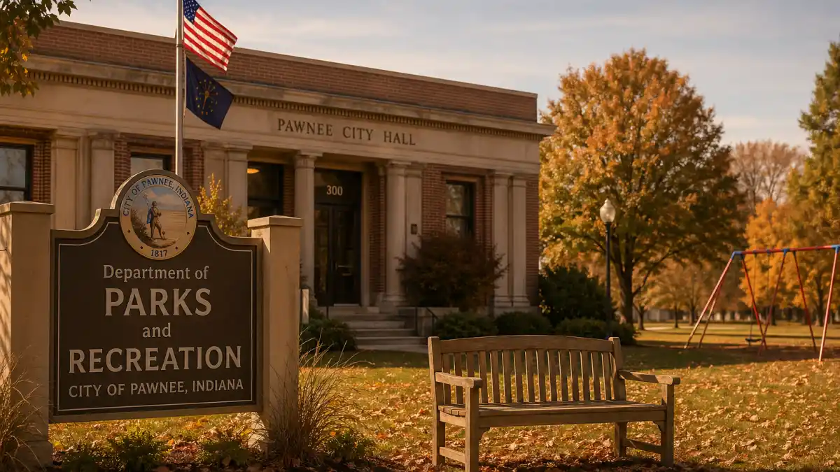 A nostalgic exterior shot of the fictional Pawnee, Indiana parks department building with autumn leaves — the spiritual home of Parks and Recreation, the show that united Chris Pratt and Aubrey Plaza