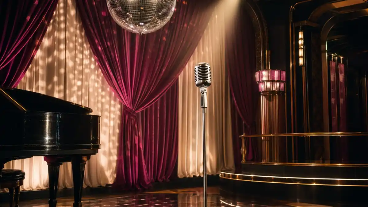 A glamorous retro pop concert stage with a vintage chrome microphone, crystal disco ball and deep magenta velvet curtains — the cinematic visual world of Sabrina Carpenter's pop era
