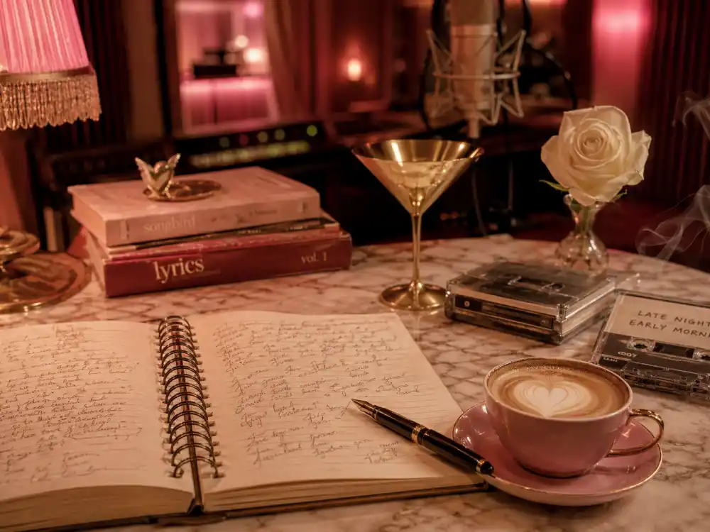 A pop star's songwriting workspace with handwritten lyrics, vintage cassettes and a fountain pen