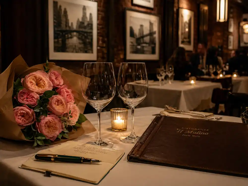 A candlelit New York City Italian restaurant table set for two with pink roses