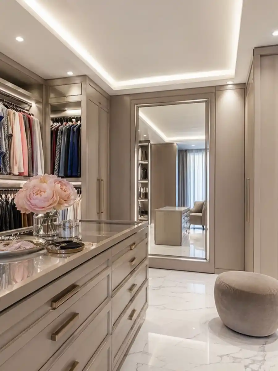 Luxurious walk-in closet representing the Selling Sunset lifestyle and real estate