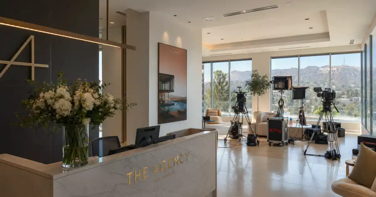 Selling Sunset Season 10 set with cameras at the luxury real estate office