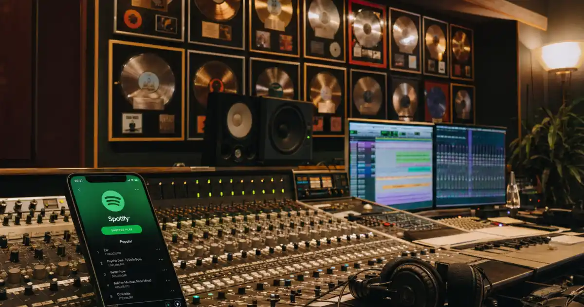 Recording studio with Spotify app and gold records — Taylor Swift Spotify clause UMG deal