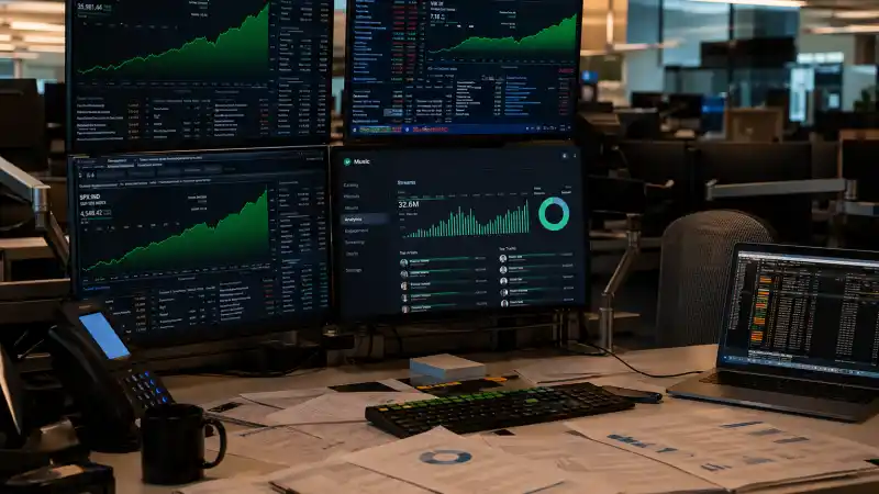 Stock market screens showing UMG Spotify stake sale data — Taylor Swift clause impact