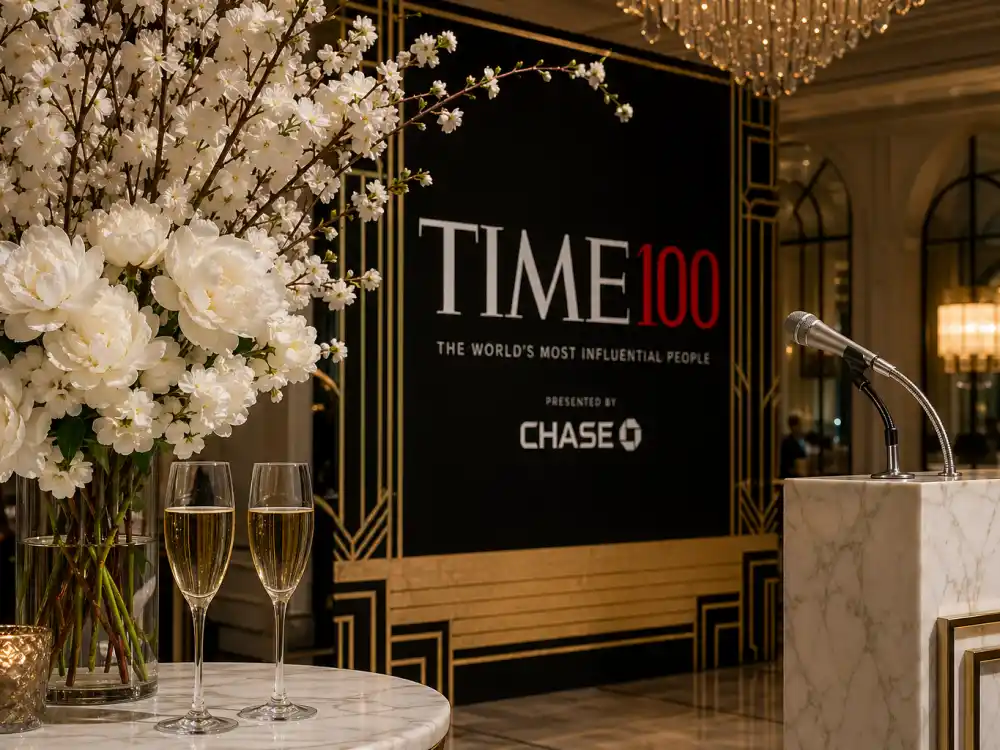 The TIME100 Gala reception with cherry blossoms, champagne flutes and gold branding