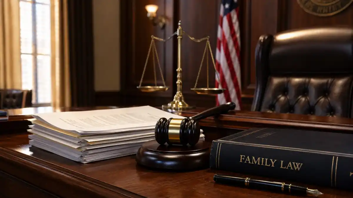 A polished wooden judge's bench with legal documents, a gavel, scales of justice and a Family Law book — representing the conservatorship case Tristan Thompson has filed for his brother Amari