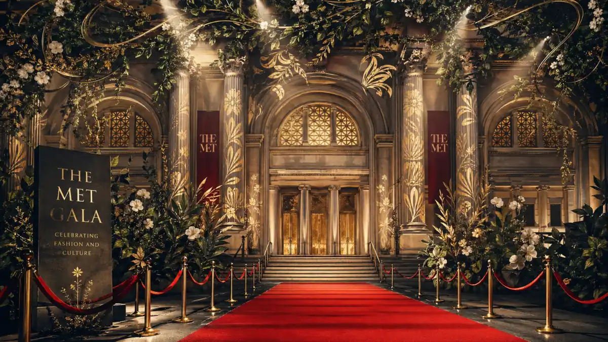 A grand neoclassical museum entrance with red carpet, marble columns and trailing botanical gold-leaf details, lit for the Met Gala