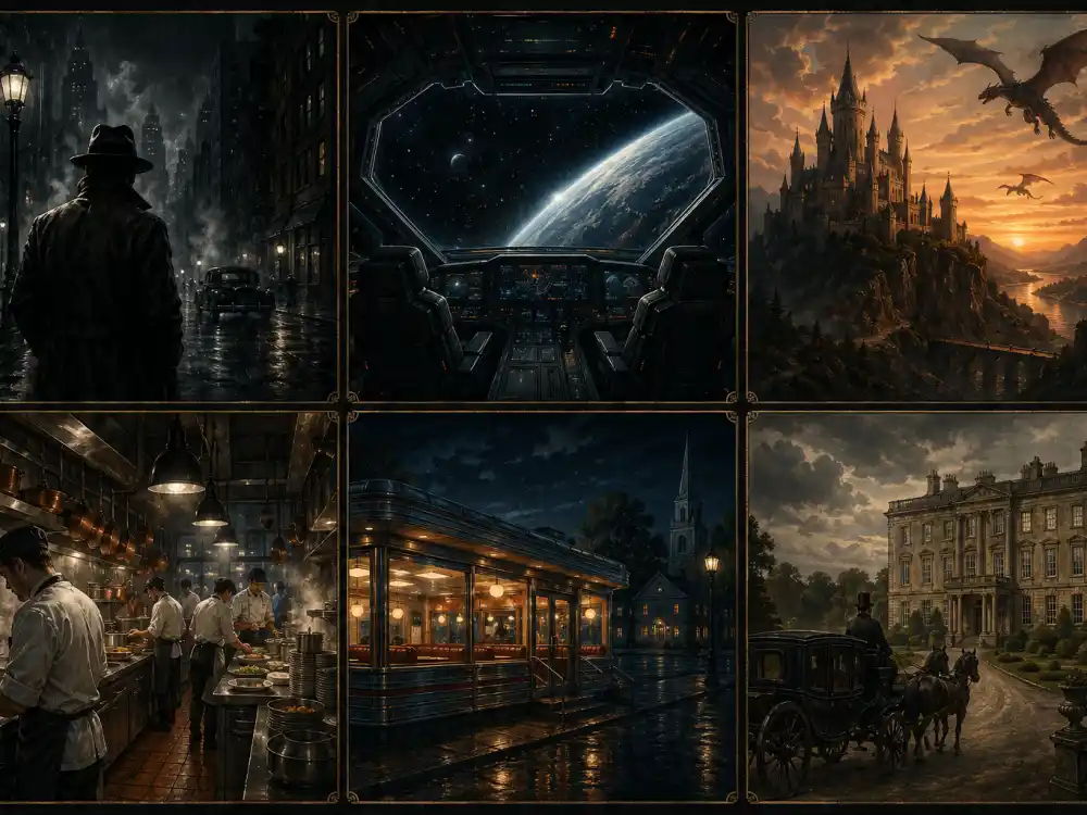 A six-cell collage illustration of TV genres