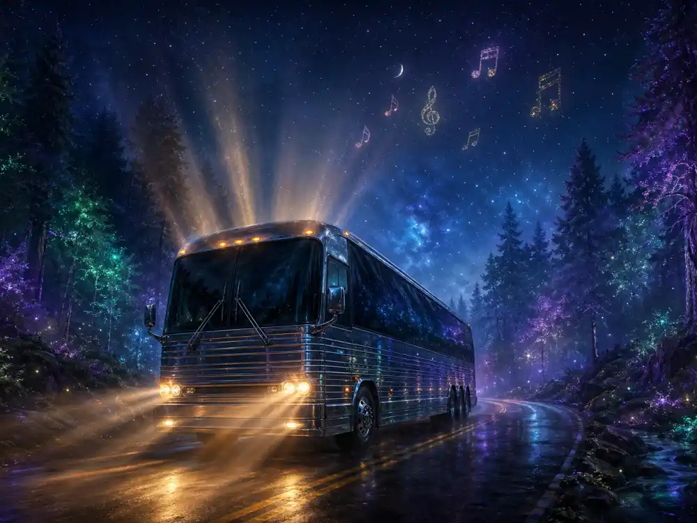 A chrome music tour bus driving along a moonlit highway through an enchanted forest