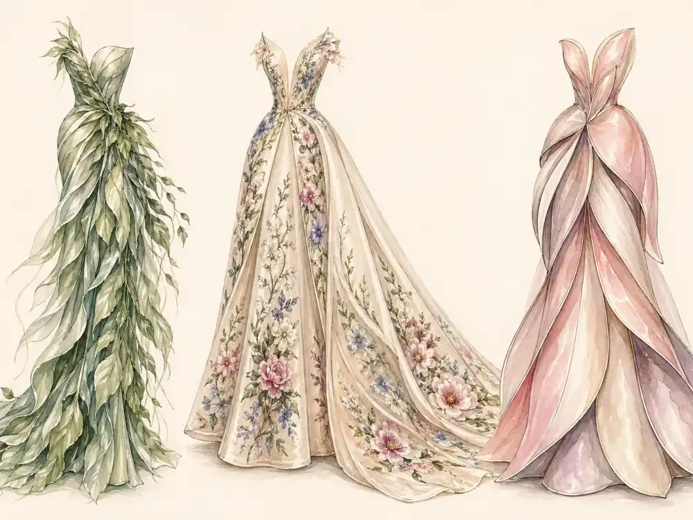 Three watercolour fashion illustrations of botanical-themed couture gowns side-by-side on a cream background