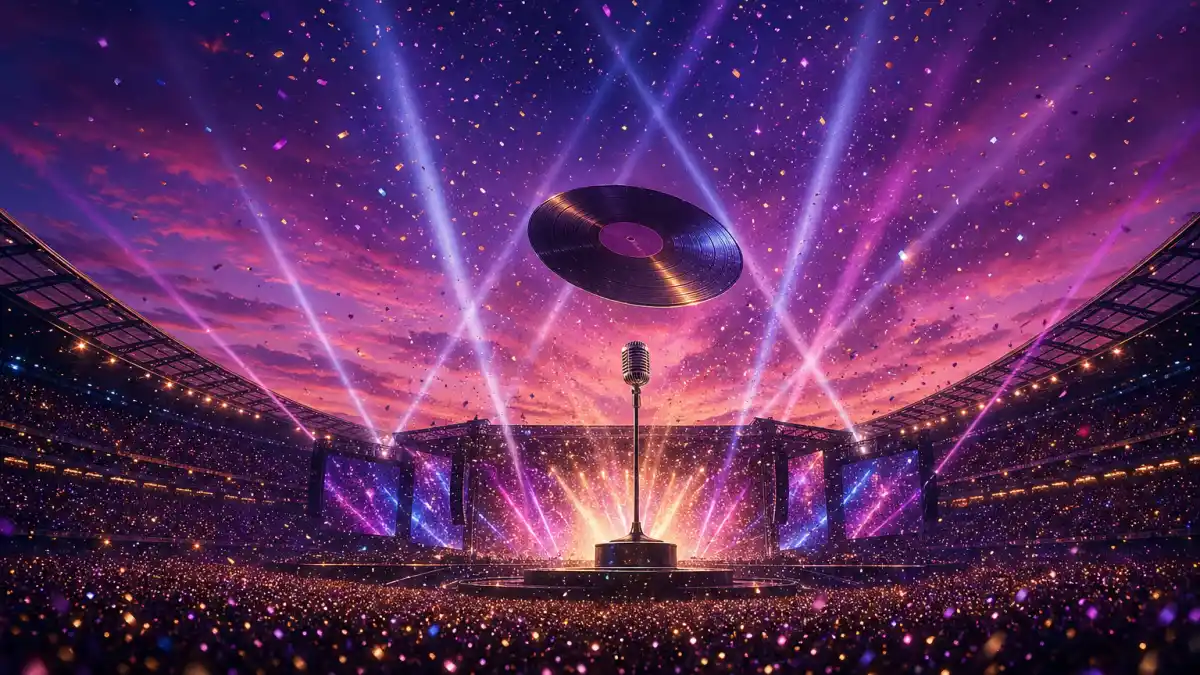 Taylor Swift Eras Tour stadium concert stage with dramatic lighting and massive crowd