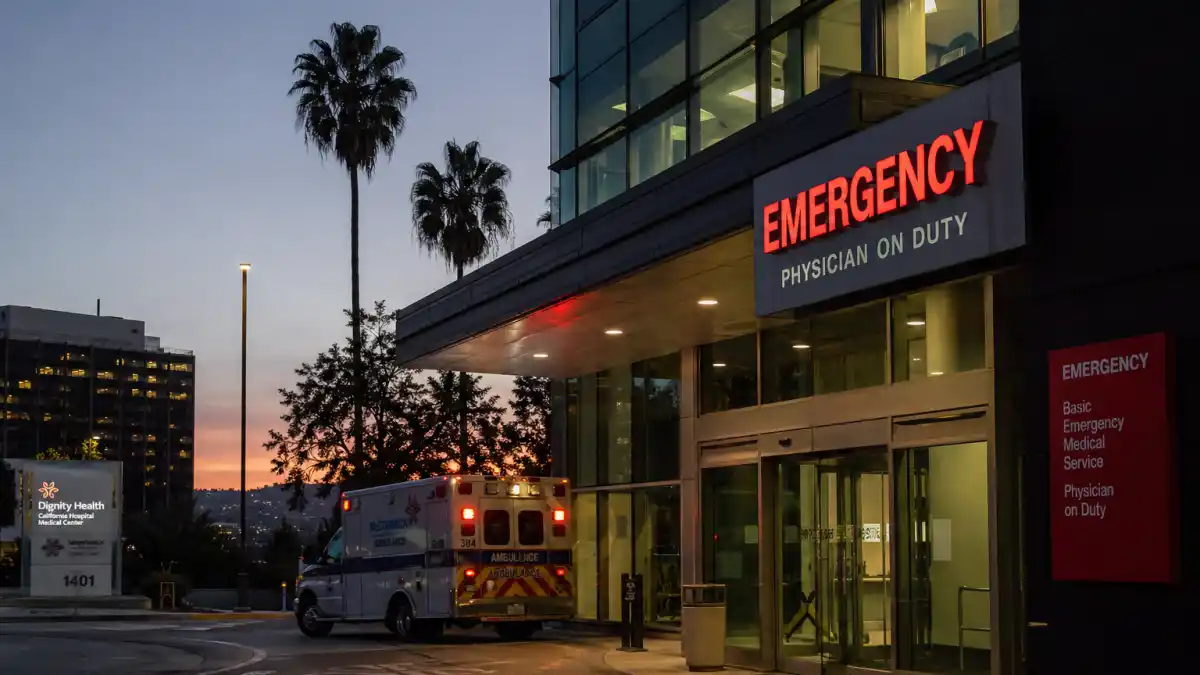 A Los Angeles hospital emergency entrance at dusk with an ambulance parked outside — the kind of medical centre Ving Rhames was rushed to on Wednesday after collapsing at a restaurant