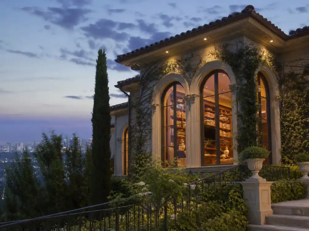 Stone library wing exterior of a Beverly Park estate similar to the Adele house Sylvester Stallone built