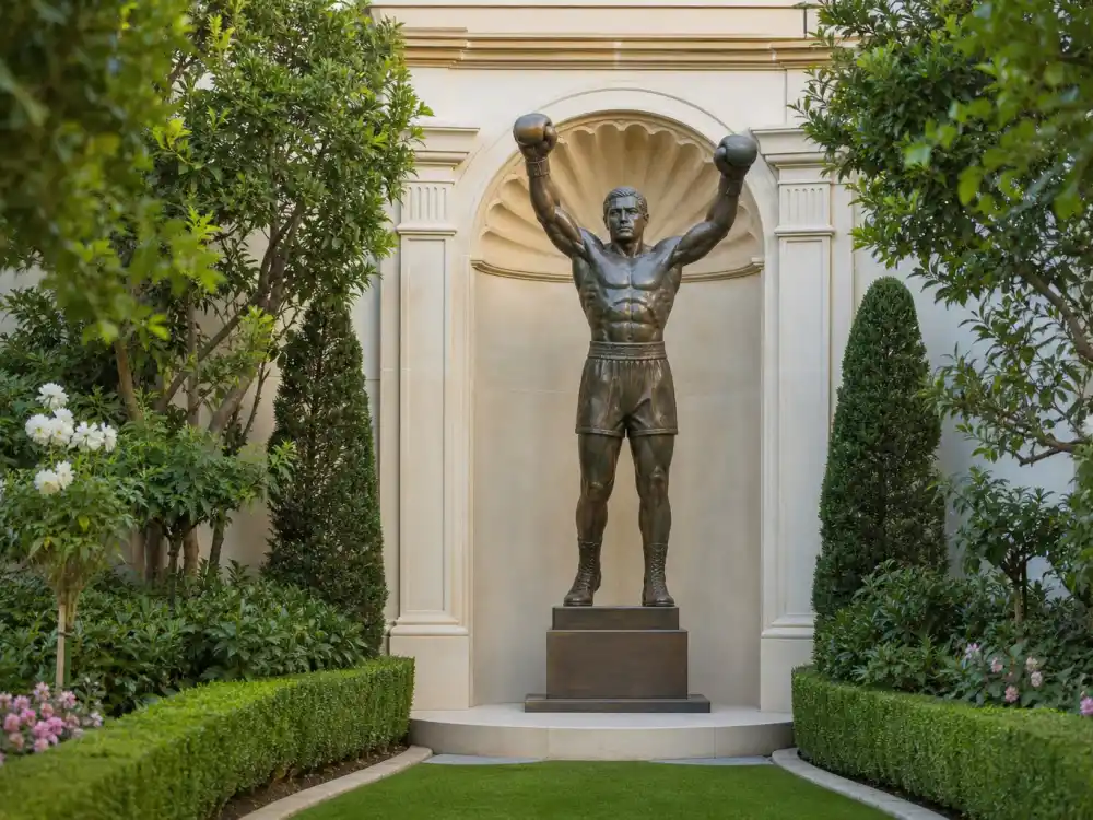 Bronze boxing-style statue echoing the Rocky figure kept in the Adele house Sylvester Stallone built