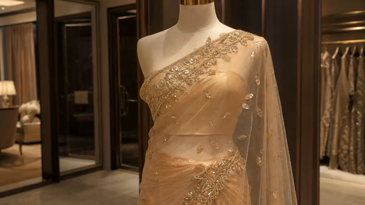 Aditi Rao Hydari Cannes 2026 inspired champagne-gold JADE saree styling on a couture mannequin.