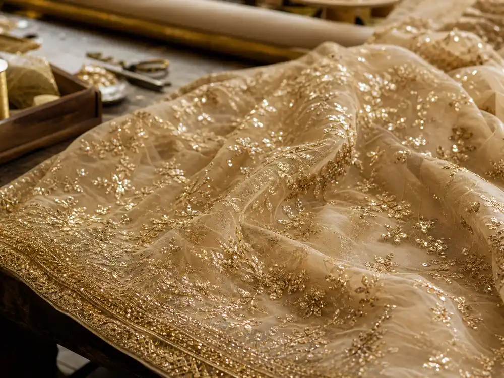 Aditi Rao Hydari Cannes 2026 JADE saree details with gold leaf, sequins, and sitara-style sparkle.