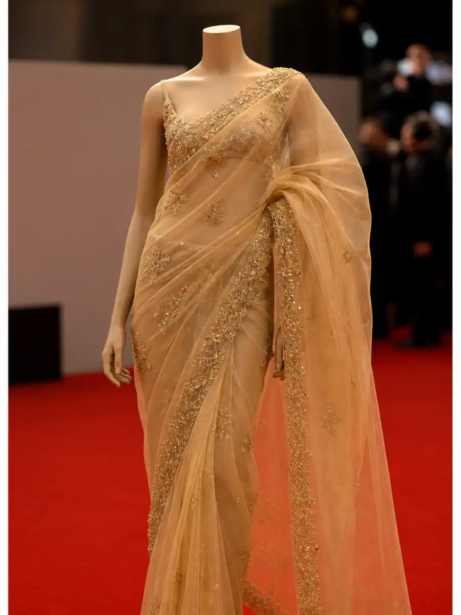 Aditi Rao Hydari Cannes 2026 inspired champagne-gold saree poster cropped from slide one.