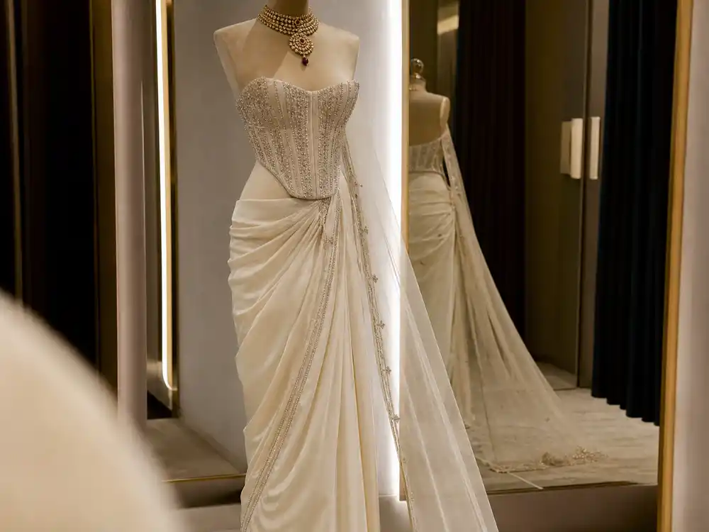 Alia Bhatt inspired ivory desi fusion couture visual for Cannes 2026 viral fashion coverage.