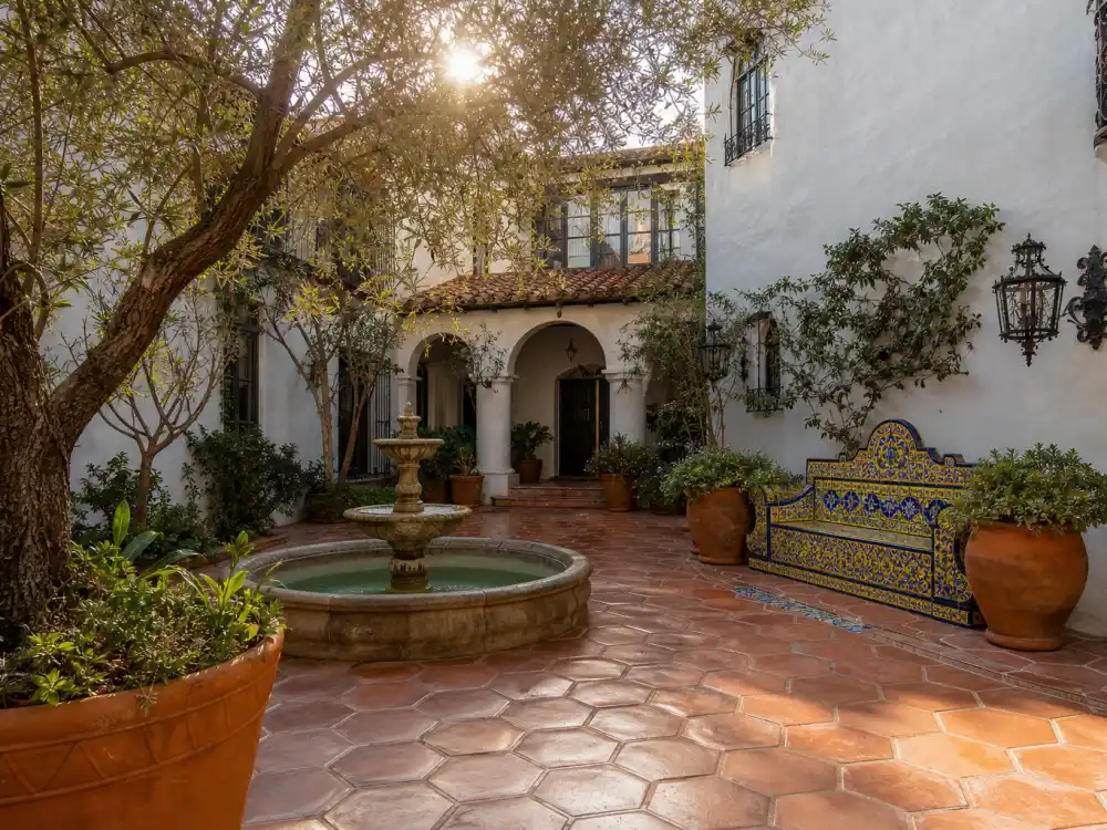Spanish Colonial courtyard fountain like the one inside the Angelina Jolie Los Feliz mansion for sale