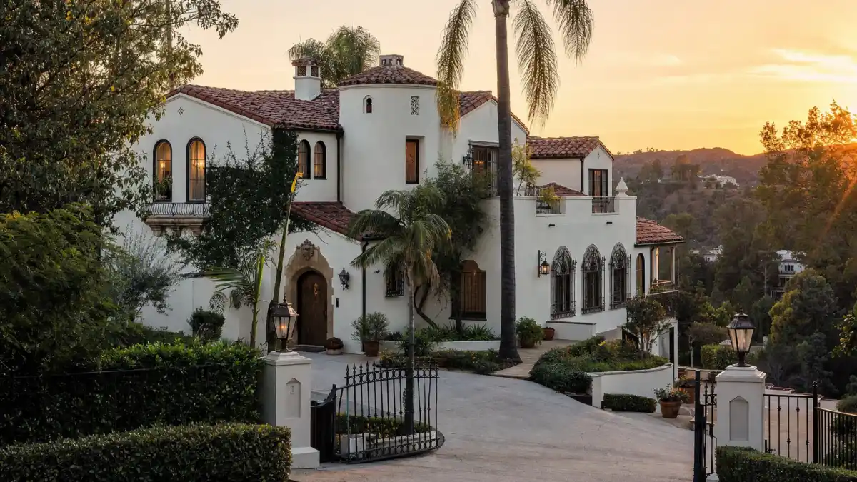 Spanish Colonial estate exterior similar to the Angelina Jolie Los Feliz mansion for sale property