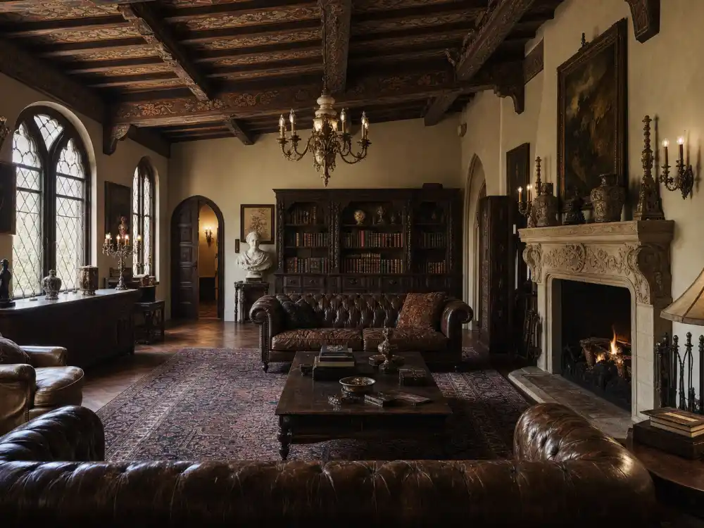Stone library wing inside a Los Feliz mansion comparable to the Angelina Jolie Los Feliz mansion for sale