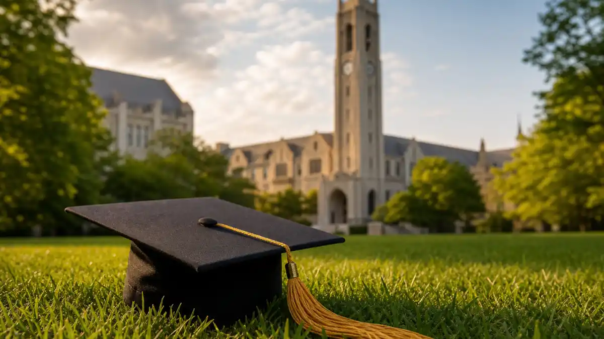 Black graduation cap on green Vanderbilt lawn at the Apple Martin Vanderbilt graduation in Nashville