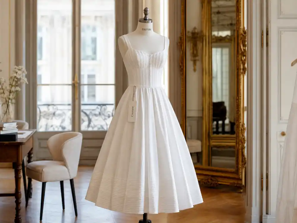 Custom Vivienne Westwood white cotton dress on a mannequin like Apple Martin Vanderbilt graduation outfit