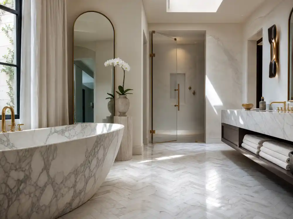 Sculptural marble bathtub primary bathroom in Architectural Digest celebrity house tours