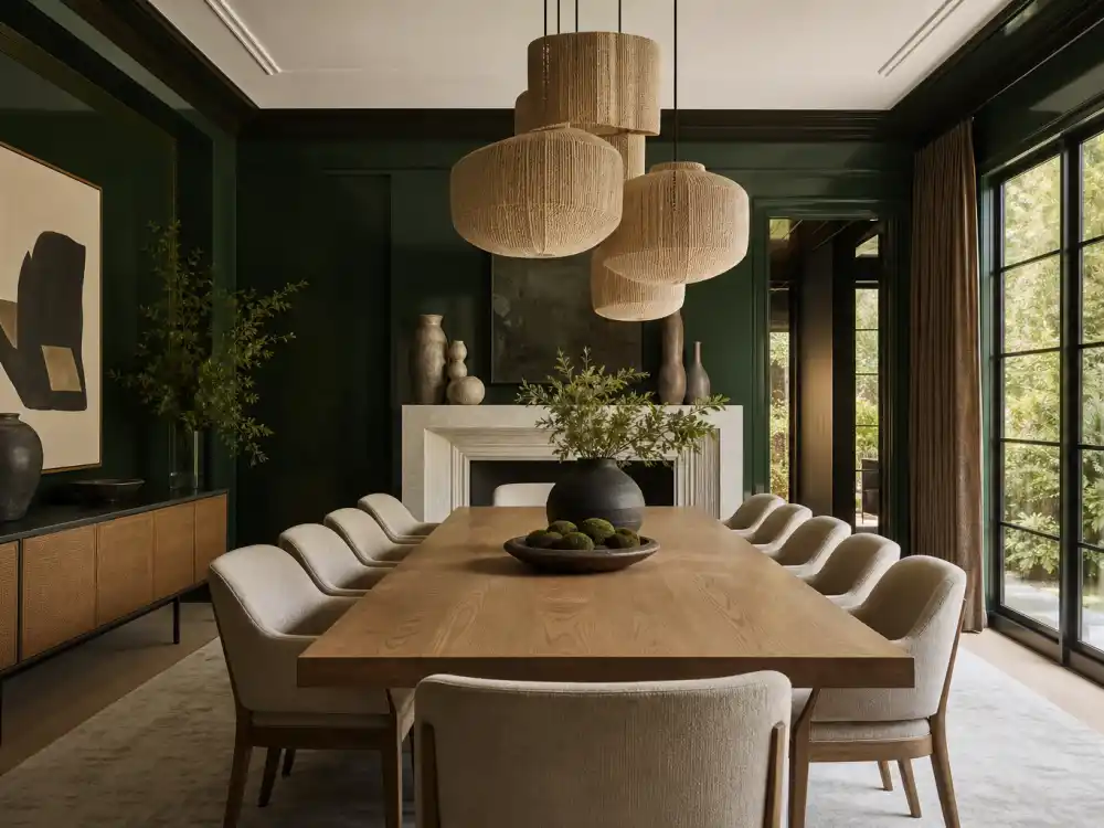 Forest green lacquer dining room with rope pendants from Architectural Digest celebrity house tours