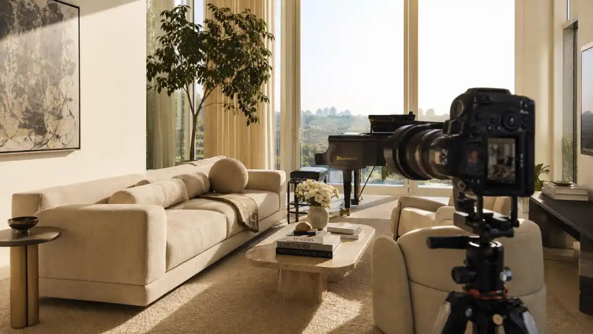 Camera tripod set up in luxury living room with grand piano during Architectural Digest celebrity house tours photoshoot