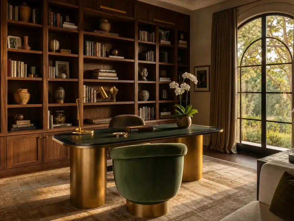 Walnut bookcase home office with brass desk seen in Architectural Digest celebrity house tours